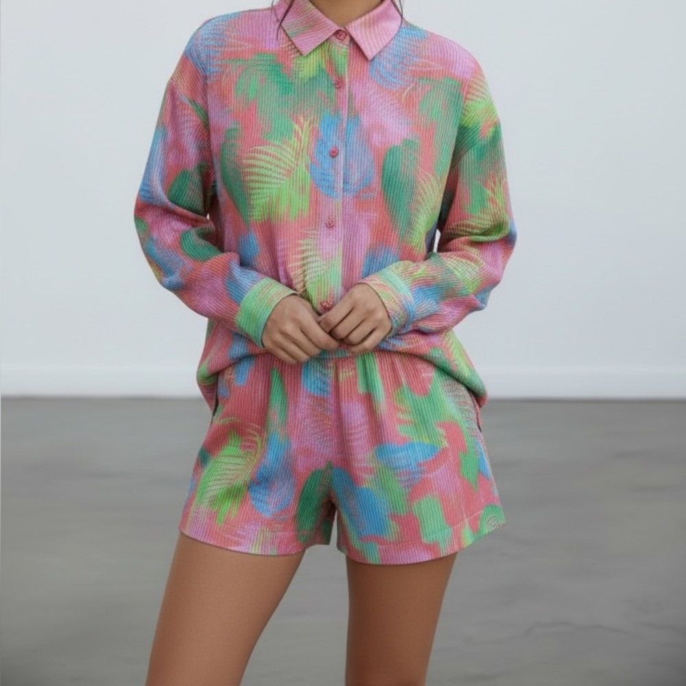 Jess Lea Malibu Sunset pleated short and top coord resort wear vibrant neons. LG - Picture 2 of 16